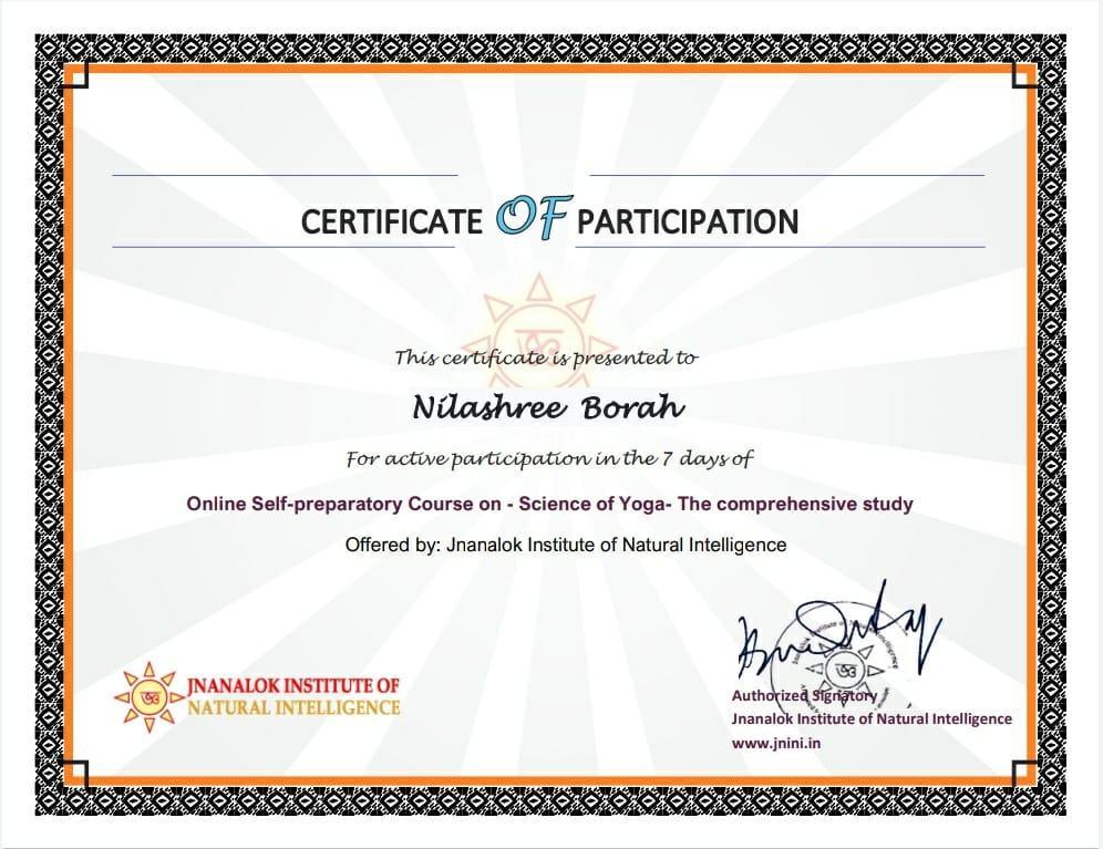 Participation certificate of Self preparatory course on Science of Yoga