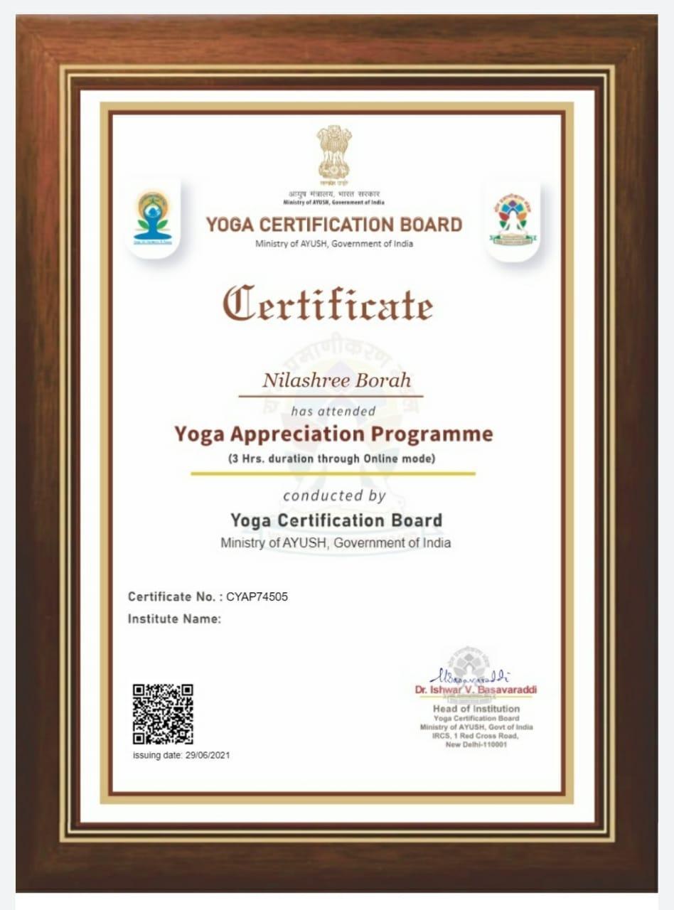 Yoga appreciation Programme certificate